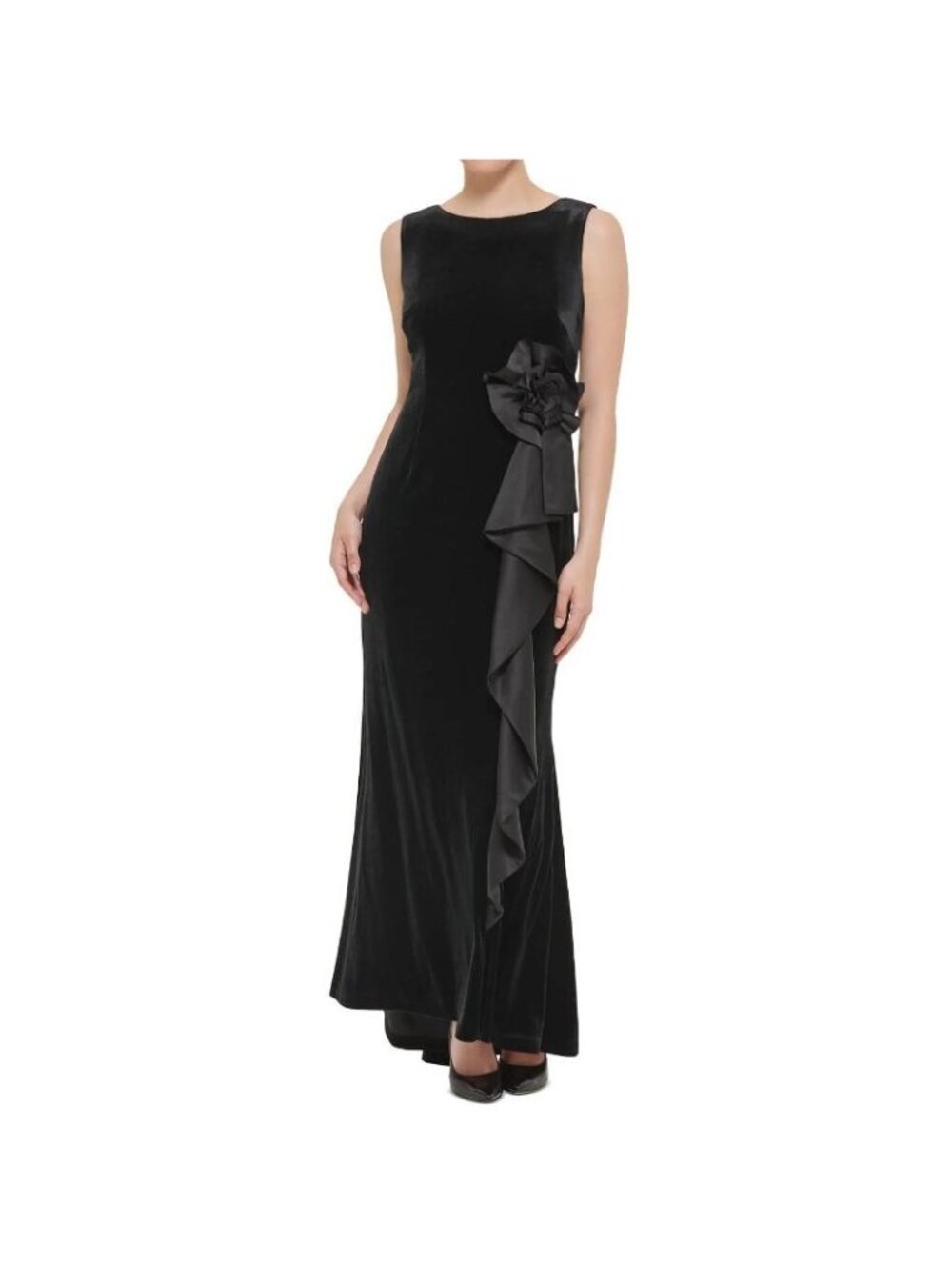 NWT Jessica Howard Womens Velvet Rosette Waterfall Ruffle Gown Dress Petite 14P